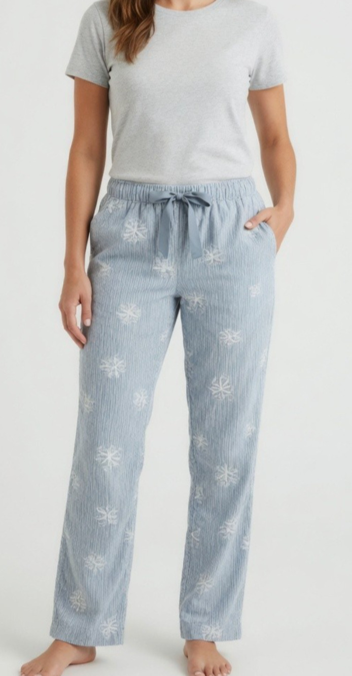 Lands’ End Womens S Pajama Pants Blue Stripe Snowflake Cotton Lounge Drawstring
